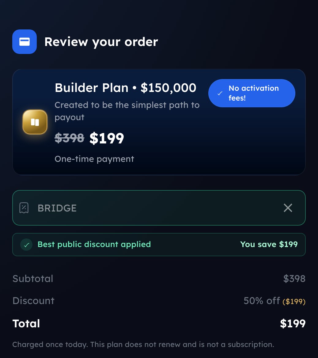 My Funded Futures $150K Builder at checkout with code BRIDGE: $398 to $199, 50% off
