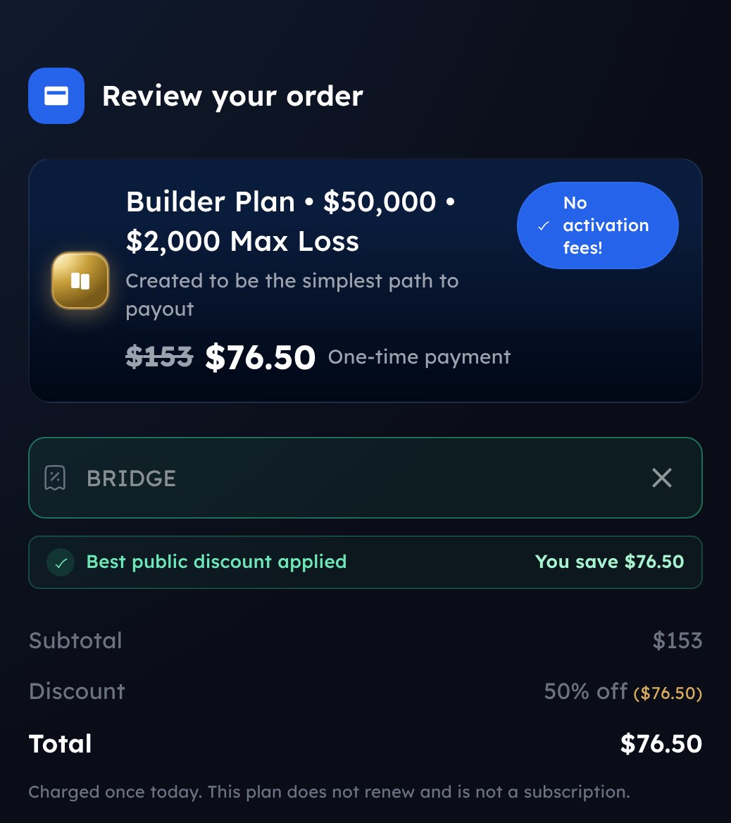 My Funded Futures Builder $50K at checkout with code BRIDGE: $153 to $76.50, 50% off