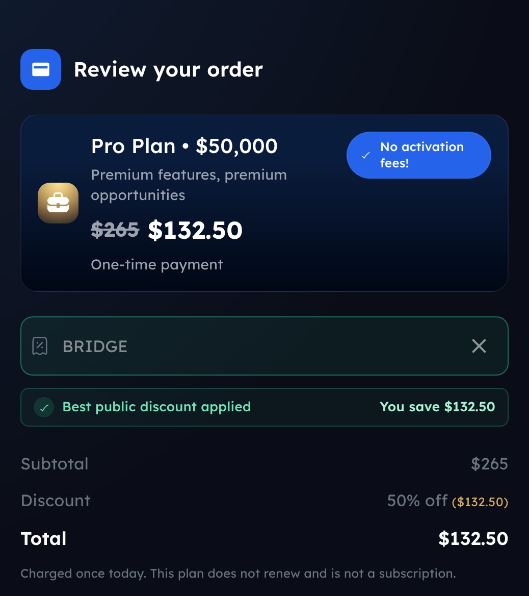 My Funded Futures Pro $50K at checkout with code BRIDGE: $265 to $132.50, 50% off