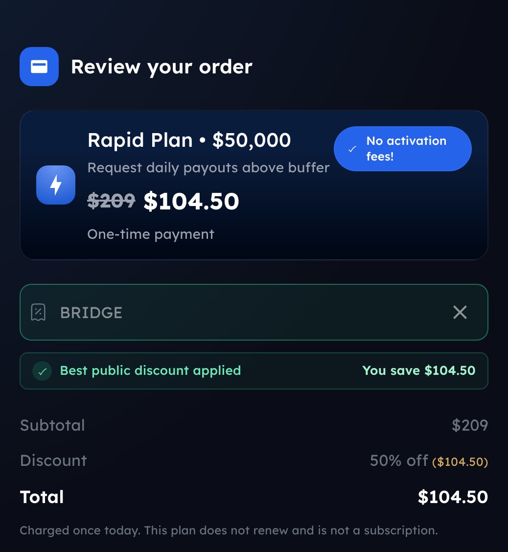 My Funded Futures Rapid $50K at checkout with code BRIDGE: $209 to $104.50, 50% off